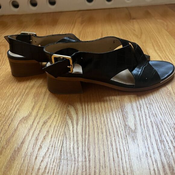 Minelli Block Heel Sandals Size 36 Black Crocodile Leather Cross Strap Peep Toe - Picture 6 of 8